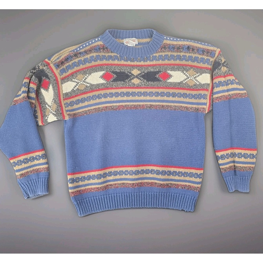 Vintage BASIC Sweater Large Blue Fair Isle Ramie Cotton Wool Hong Kong 80s 90s